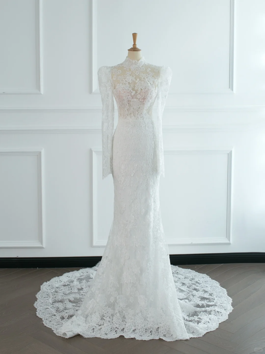 Pretty Wedding Dress Mermaid High Neck White Lace Long Sleeves Backless Vintage Wedding Dresses Bridal Gowns Brides Gown DH378