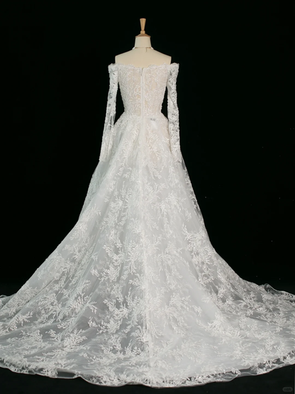 Pretty Wedding Dress Ball Gown Off The Shoulder White Long Sleeves Lace Long Vintage Wedding Dresses Bridal Gowns Brides Gown DH379