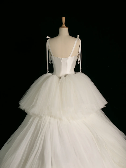 Elegant Wedding Dress Ball Gown Spaghetti Straps Tulle Sleeveless White Summer Long Wedding Dresses Bride Dress Bridal Gowns DH382