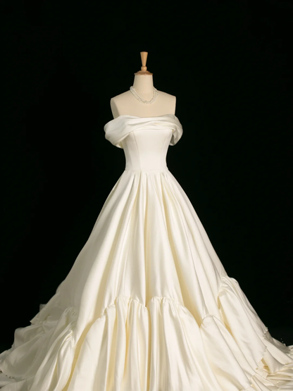 Pretty Wedding Dress Ball Gown Off The Shoulder Short Sleeves Satin Long Vintage Wedding Dresses Bridal Gowns Brides Gown DH386