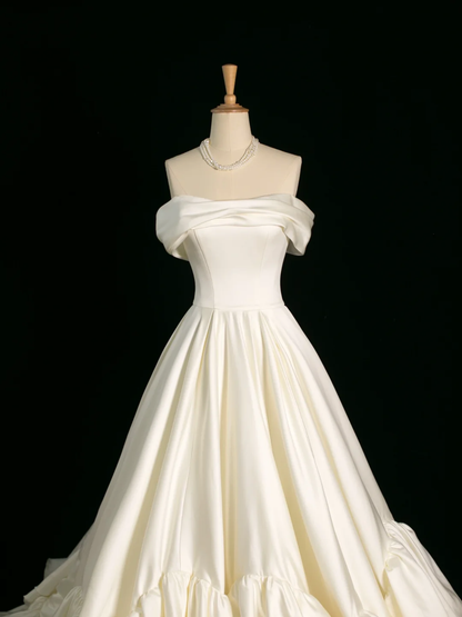 Pretty Wedding Dress Ball Gown Off The Shoulder Short Sleeves Satin Long Vintage Wedding Dresses Bridal Gowns Brides Gown DH386