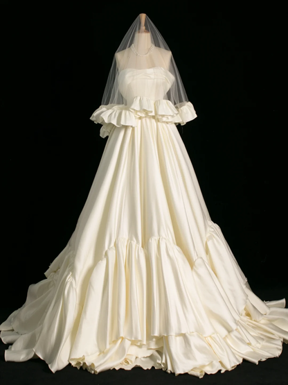 Pretty Wedding Dress Ball Gown Off The Shoulder Short Sleeves Satin Long Vintage Wedding Dresses Bridal Gowns Brides Gown DH386