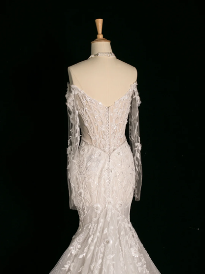 Chic Wedding Dress Mermaid Off The Shoulder White Long Sleeves Lace Long Vintage Wedding Dresses Bridal Gowns Brides Gown DH387