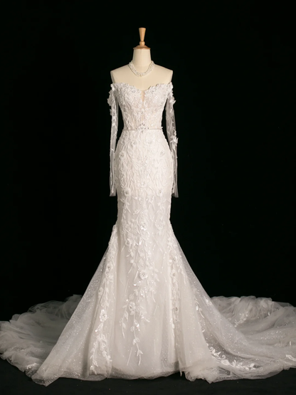 Chic Wedding Dress Mermaid Off The Shoulder White Long Sleeves Lace Long Vintage Wedding Dresses Bridal Gowns Brides Gown DH387
