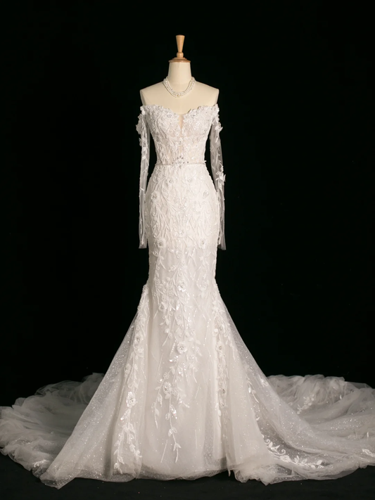 Chic Wedding Dress Mermaid Off The Shoulder White Long Sleeves Lace Long Vintage Wedding Dresses Bridal Gowns Brides Gown DH387