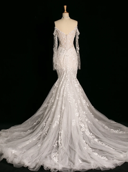 Chic Wedding Dress Mermaid Off The Shoulder White Long Sleeves Lace Long Vintage Wedding Dresses Bridal Gowns Brides Gown DH387