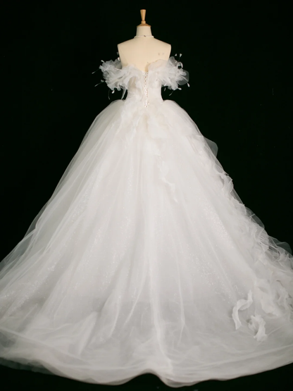 Elegant Wedding Dress Ball Gown Off The Shoulder Short Sleeves Tulle White Summer Long Wedding Dresses Bride Dress Bridal Gowns DH388