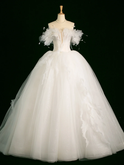 Elegant Wedding Dress Ball Gown Off The Shoulder Short Sleeves Tulle White Summer Long Wedding Dresses Bride Dress Bridal Gowns DH388