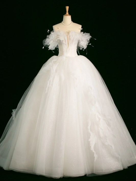 Elegant Wedding Dress Ball Gown Off The Shoulder Short Sleeves Tulle White Summer Long Wedding Dresses Bride Dress Bridal Gowns DH388