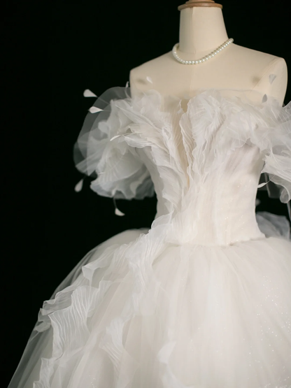 Elegant Wedding Dress Ball Gown Off The Shoulder Short Sleeves Tulle White Summer Long Wedding Dresses Bride Dress Bridal Gowns DH388