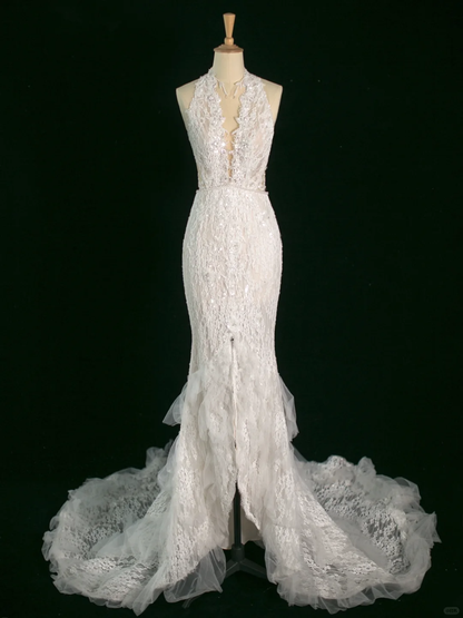 Pretty Wedding Dress Mermaid V Neck Sleeveless Lace Long Vintage Wedding Dresses Bridal Gowns Brides Gown DH391