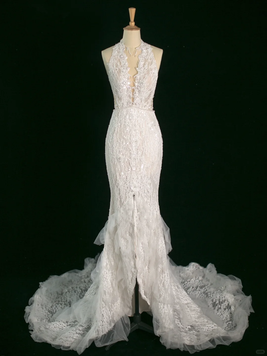 Pretty Wedding Dress Mermaid V Neck Sleeveless Lace Long Vintage Wedding Dresses Bridal Gowns Brides Gown DH391