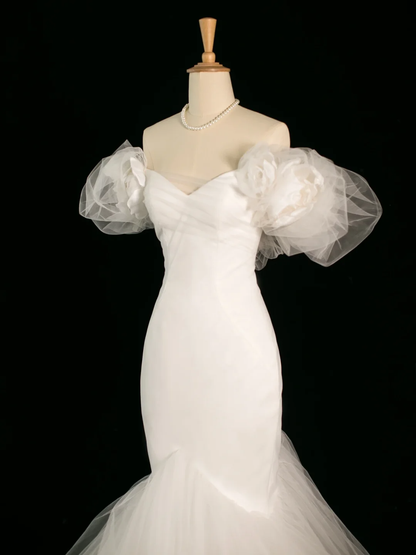 Pretty Wedding Dress Mermaid Off The Shoulder Short Sleeves Tulle Long Vintage Wedding Dresses Bridal Gowns Brides Gown DH392
