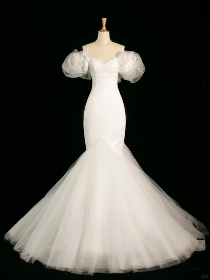 Pretty Wedding Dress Mermaid Off The Shoulder Short Sleeves Tulle Long Vintage Wedding Dresses Bridal Gowns Brides Gown DH392