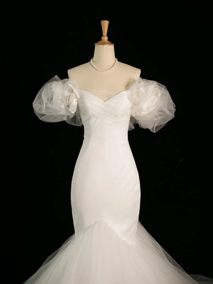 Pretty Wedding Dress Mermaid Off The Shoulder Short Sleeves Tulle Long Vintage Wedding Dresses Bridal Gowns Brides Gown DH392