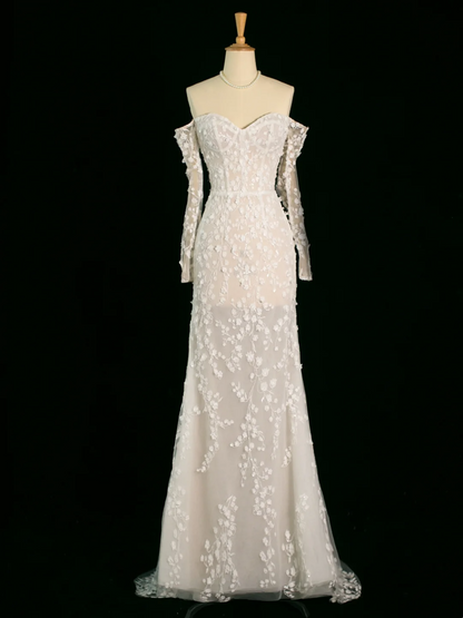 Chic Wedding Dress Mermaid Off The Shoulder White Long Sleeves Lace Long Vintage Wedding Dresses Bridal Gowns Brides Gown DH393
