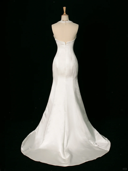 Chic Wedding Dress Mermaid Halter White Satin Sleeveless Long Vintage Wedding Dresses Bridal Gowns Brides Gown DH394