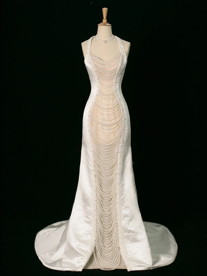 Chic Wedding Dress Mermaid Halter White Satin Sleeveless Long Vintage Wedding Dresses Bridal Gowns Brides Gown DH394