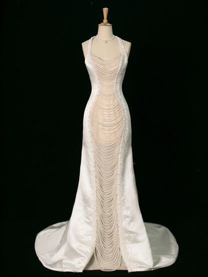 Chic Wedding Dress Mermaid Halter White Satin Sleeveless Long Vintage Wedding Dresses Bridal Gowns Brides Gown DH394