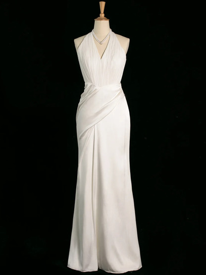 Chic Wedding Dress Mermaid Halter White Chiffon Sleeveless Long Vintage Wedding Dresses Bridal Gowns Brides Gown DH398