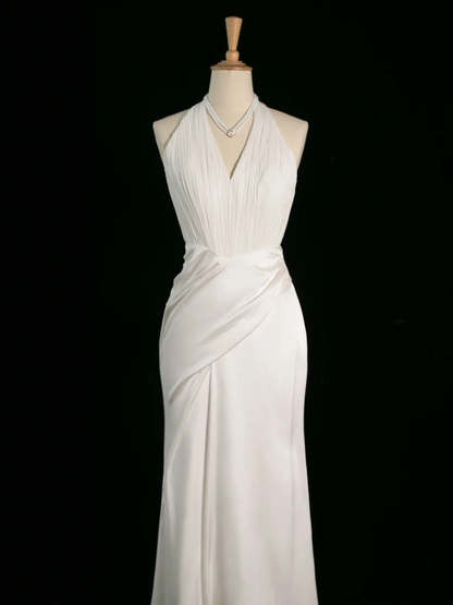 Chic Wedding Dress Mermaid Halter White Chiffon Sleeveless Long Vintage Wedding Dresses Bridal Gowns Brides Gown DH398