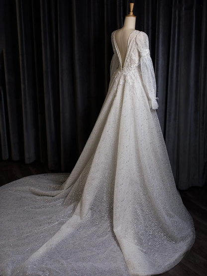 Vintage Wedding Dress A line V Neck White Long Sleeves Sequin Long Wedding Dresses Bridal Gowns Brides Gown DH402