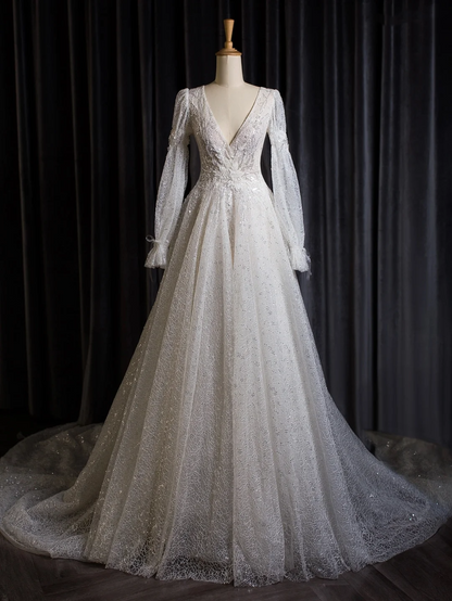 Vintage Wedding Dress A line V Neck White Long Sleeves Sequin Long Wedding Dresses Bridal Gowns Brides Gown DH402