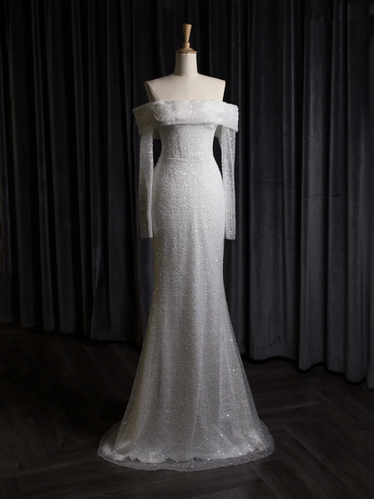 Vintage Wedding Dress Mermaid Off The Shoulder White Long Sleeves Sequin Long Wedding Dresses Bridal Gowns Brides Gown DH403