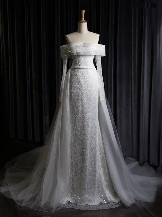 Vintage Wedding Dress Mermaid Off The Shoulder White Long Sleeves Sequin Long Wedding Dresses Bridal Gowns Brides Gown DH403