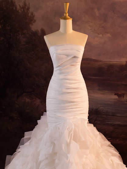 Pretty Wedding Dress Mermaid Strapless Layers Ruffles White Tulle Long Wedding Dresses Bridal Gowns Brides Gown DH406