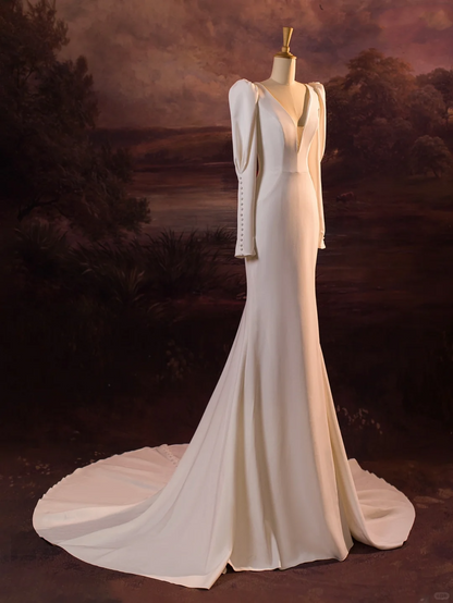 Vintage Wedding Dress Mermaid V Neck White Long Sleeves Satin Long Wedding Dresses Bridal Gowns Brides Gown DH407