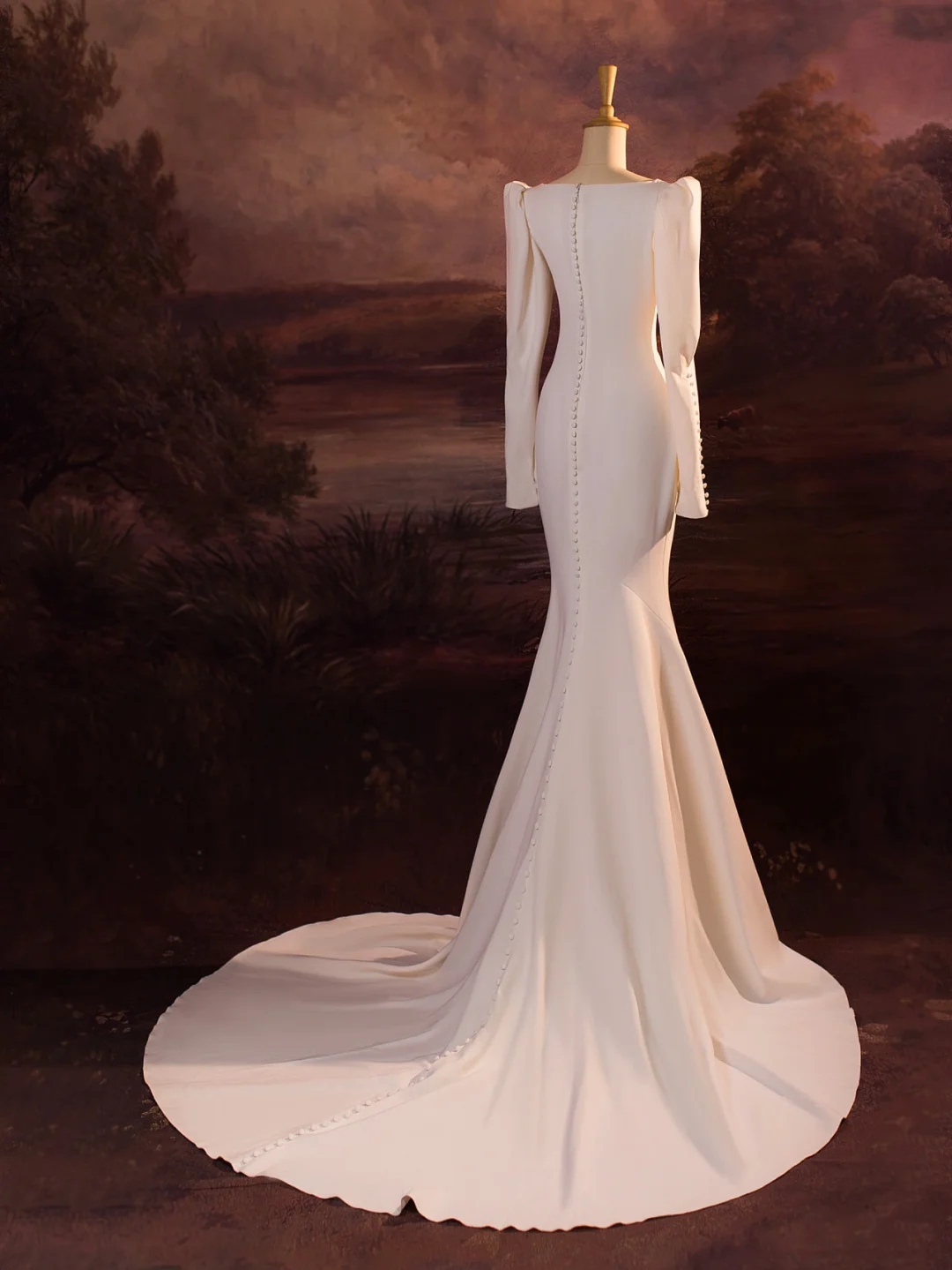 Vintage Wedding Dress Mermaid V Neck White Long Sleeves Satin Long Wedding Dresses Bridal Gowns Brides Gown DH407