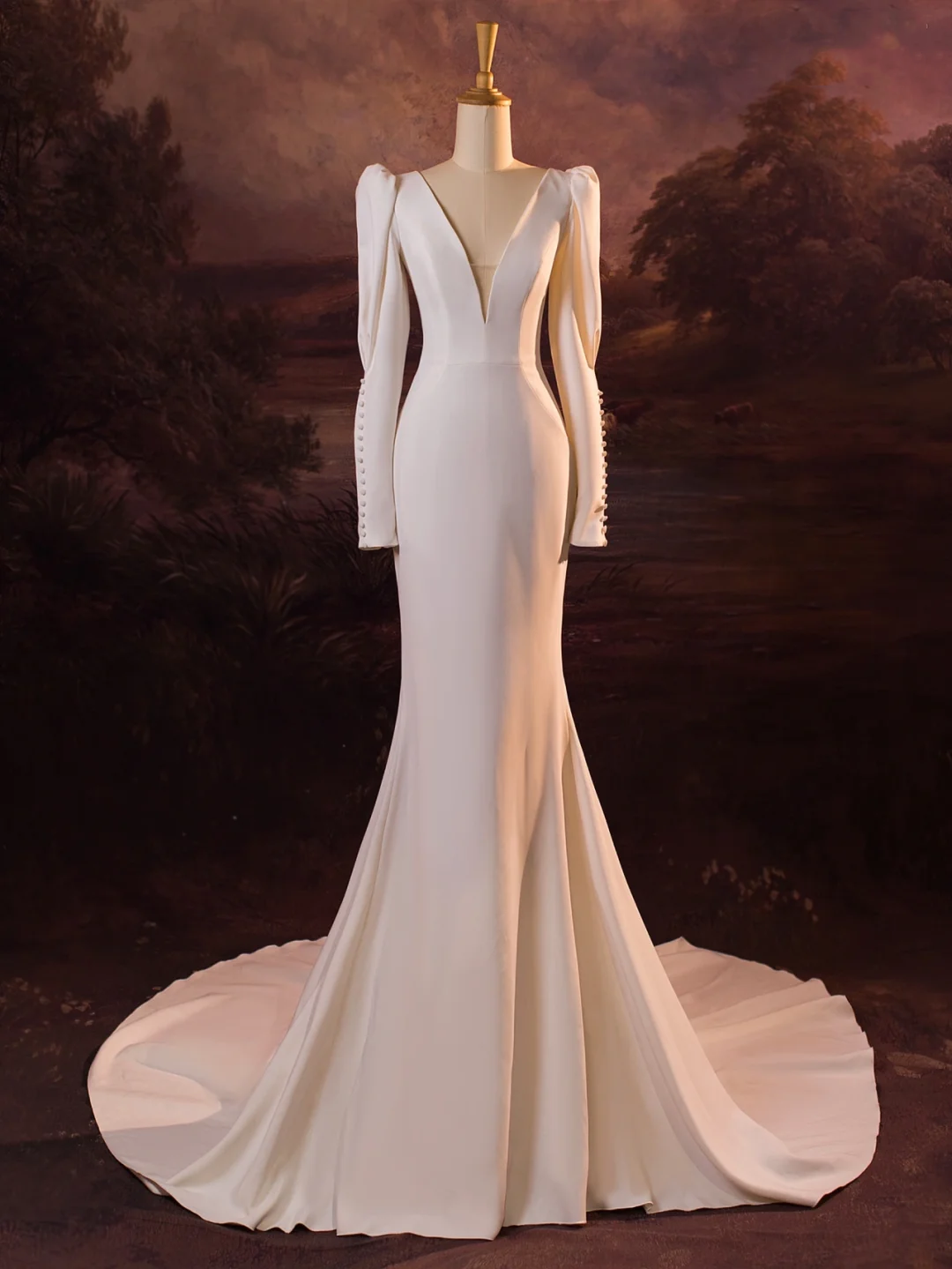 Vintage Wedding Dress Mermaid V Neck White Long Sleeves Satin Long Wedding Dresses Bridal Gowns Brides Gown DH407