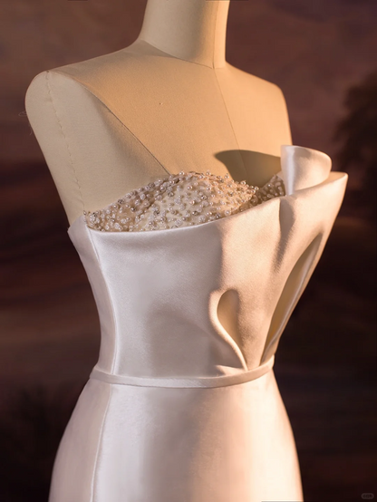 Pretty Wedding Dress Mermaid Strapless Silver Beads White Satin Long Wedding Dresses Bridal Gowns Brides Gown DH410