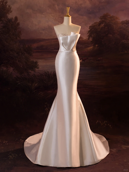 Pretty Wedding Dress Mermaid Strapless Silver Beads White Satin Long Wedding Dresses Bridal Gowns Brides Gown DH410