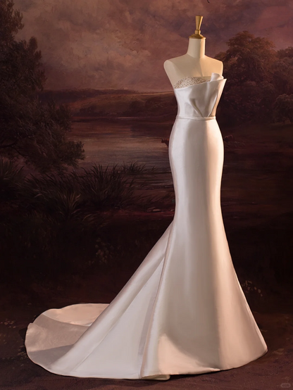 Pretty Wedding Dress Mermaid Strapless Silver Beads White Satin Long Wedding Dresses Bridal Gowns Brides Gown DH410