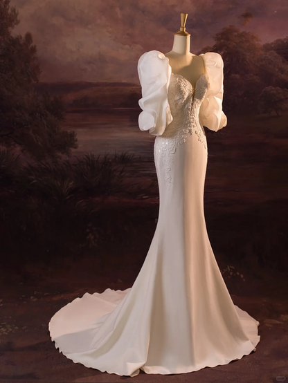 Pretty Wedding Dress Mermaid Spaghetti Straps Lace White Satin Long Wedding Dresses Bridal Gowns Brides Gown DH411