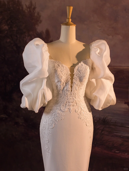 Pretty Wedding Dress Mermaid Spaghetti Straps Lace White Satin Long Wedding Dresses Bridal Gowns Brides Gown DH411