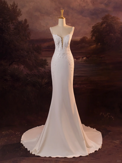 Pretty Wedding Dress Mermaid Spaghetti Straps Lace White Satin Long Wedding Dresses Bridal Gowns Brides Gown DH411