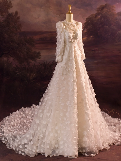 Elegant Wedding Dress Ball Gown Scoop Long Sleeves Tulle Flowers Long Wedding Dresses Bride Dress Bridal Gowns DH412