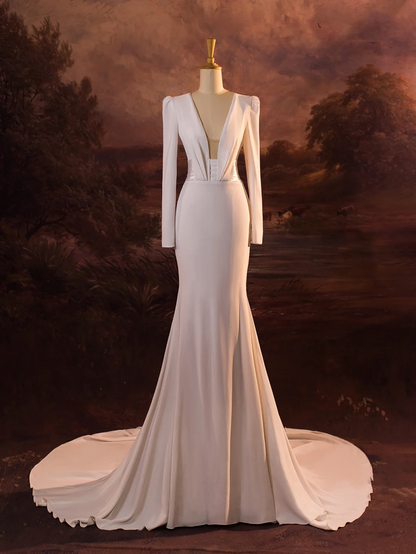 Vintage Wedding Dress Mermaid V Neck White Long Sleeves Backless Satin Long Wedding Dresses Bridal Gowns Brides Gown DH413