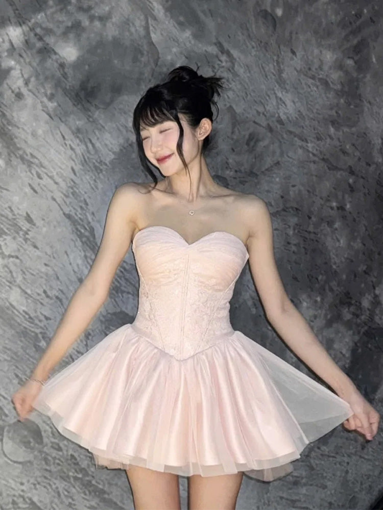 Pretty Ball Gown Sweetheart Pink Lace Short Summer Homecoming Dress Hoco Dress Birthday Outfit 21st Birthday Mini Party Dresses DH416