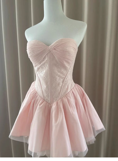 Pretty Ball Gown Sweetheart Pink Lace Short Summer Homecoming Dress Hoco Dress Birthday Outfit 21st Birthday Mini Party Dresses DH416