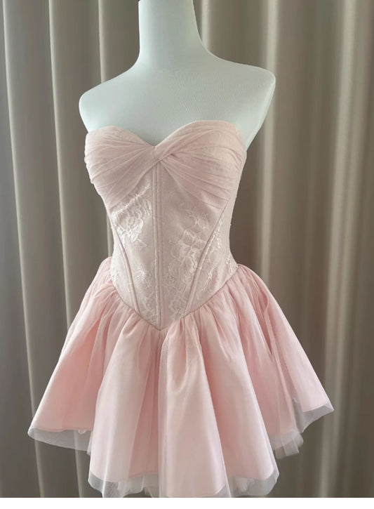 Pretty Ball Gown Sweetheart Pink Lace Short Summer Homecoming Dress Hoco Dress Birthday Outfit 21st Birthday Mini Party Dresses DH416
