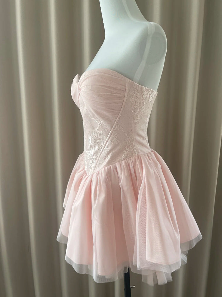 Pretty Ball Gown Sweetheart Pink Lace Short Summer Homecoming Dress Hoco Dress Birthday Outfit 21st Birthday Mini Party Dresses DH416