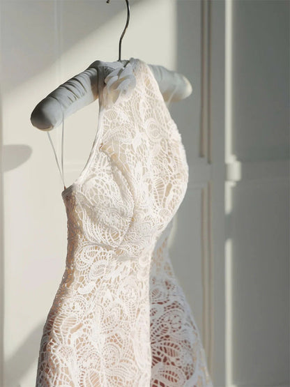 Pretty A Line High Neck White Lace Short Summer Homecoming Dress Hoco Dress Birthday Outfit 21st Birthday Mini Party Dresses DH417