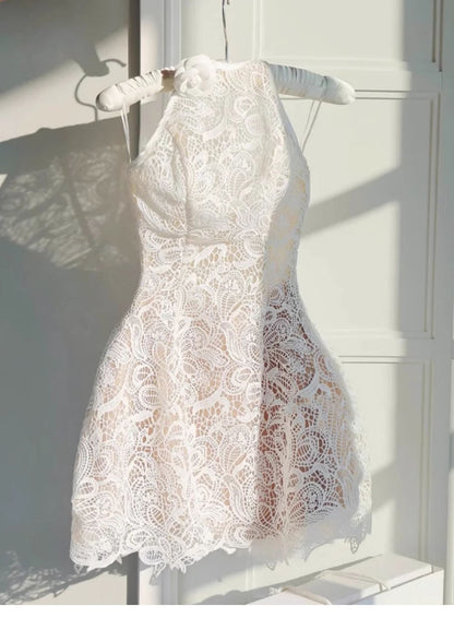 Pretty A Line High Neck White Lace Short Summer Homecoming Dress Hoco Dress Birthday Outfit 21st Birthday Mini Party Dresses DH417