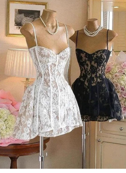 Trendy A Line Spaghetti Straps White Black Lace Mini Short Formal 8th Grade Homecoming Dresses Summer Middle School Hoco Dress Homecoming Outfits DH419