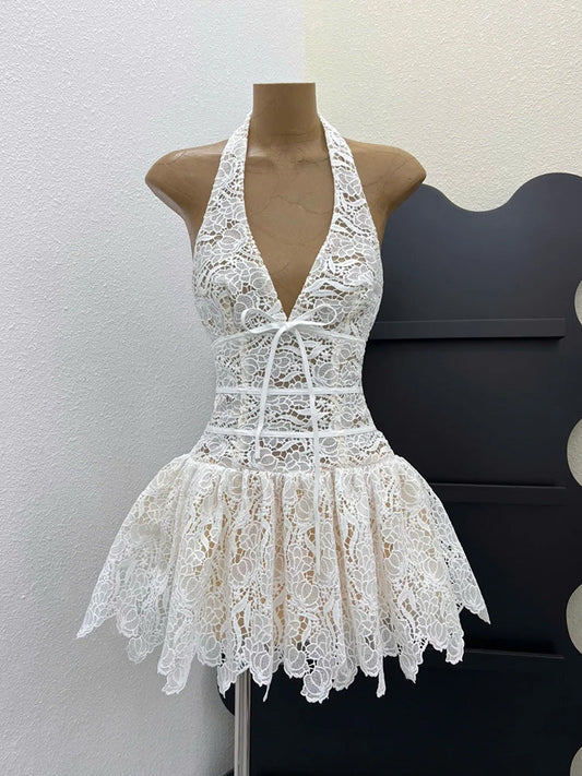 Pretty A line Halter White Lace Short Formal 8th Grade Homecoming Dresses Summer Middle School Hoco Dress Homecoming Outfits DH425