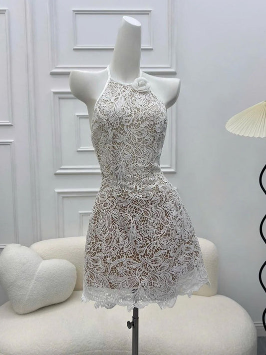 Pretty A line Scoop White Lace Short Formal 8th Grade Homecoming Dresses Summer Middle School Hoco Dress Homecoming Outfits DH440